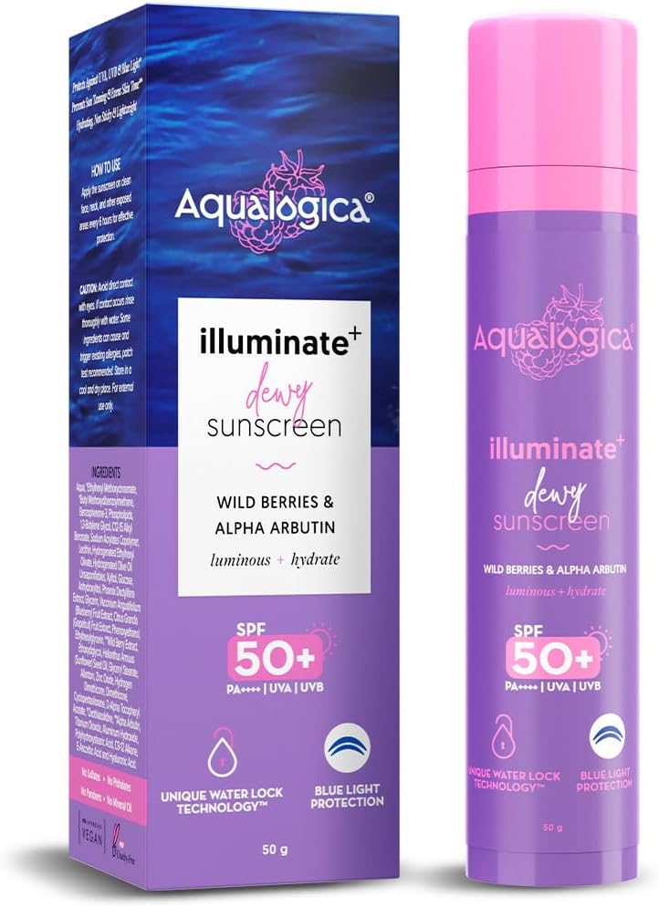 lluminate+ Dewy All Skin Type Sunscreen Spf 50+ Pa++++ With Wild BerriesAndAlpha Arbutin - 50 G Protection Against Uva/BAndBlue Light Protection Fragrance-Free For LuminousAndSun Protected Skin