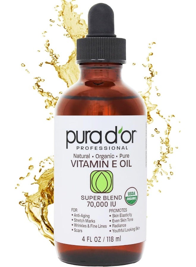 PURA D'OR 4 Oz ORGANIC Vitamin E Oil Blend 70,000 IU - 100% Natural Hexane Free, Sweet Almond, Apricot, Jojoba, Argan, Rosehip, Sunflower & Avocado Bath Oil For Scars, Skin, Face & Full Body