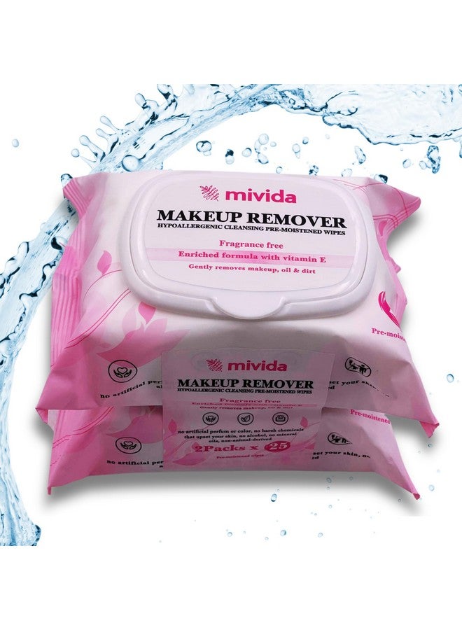 Hypoallergenic Makeup Remover Wipes 2 Pack Of 25 Count Facial Cleansing Make Up Remover Face Wipes With Vitamin E Fragrance Free Alcohol Free Wipes Total 50 Count