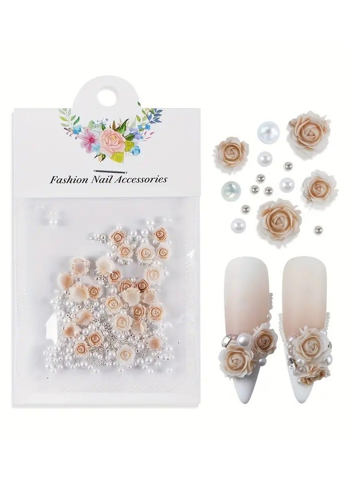 30pcs/bag Gradient Rose Flower 3D Nails Charms Rhinestone Decoration Mixed Faux Pearl Charms Nail Art Accessories Valentine's Manicure Supplies 30PC-DHMG6