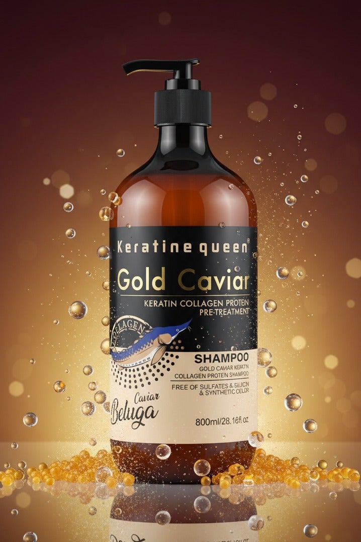 Keratine Queen Gold Caviar Keratin Collagen Protein Pre-Treatment Shampoo, Sulfate & Silicon Free, Beluga, 800ml/28.16 fl oz
