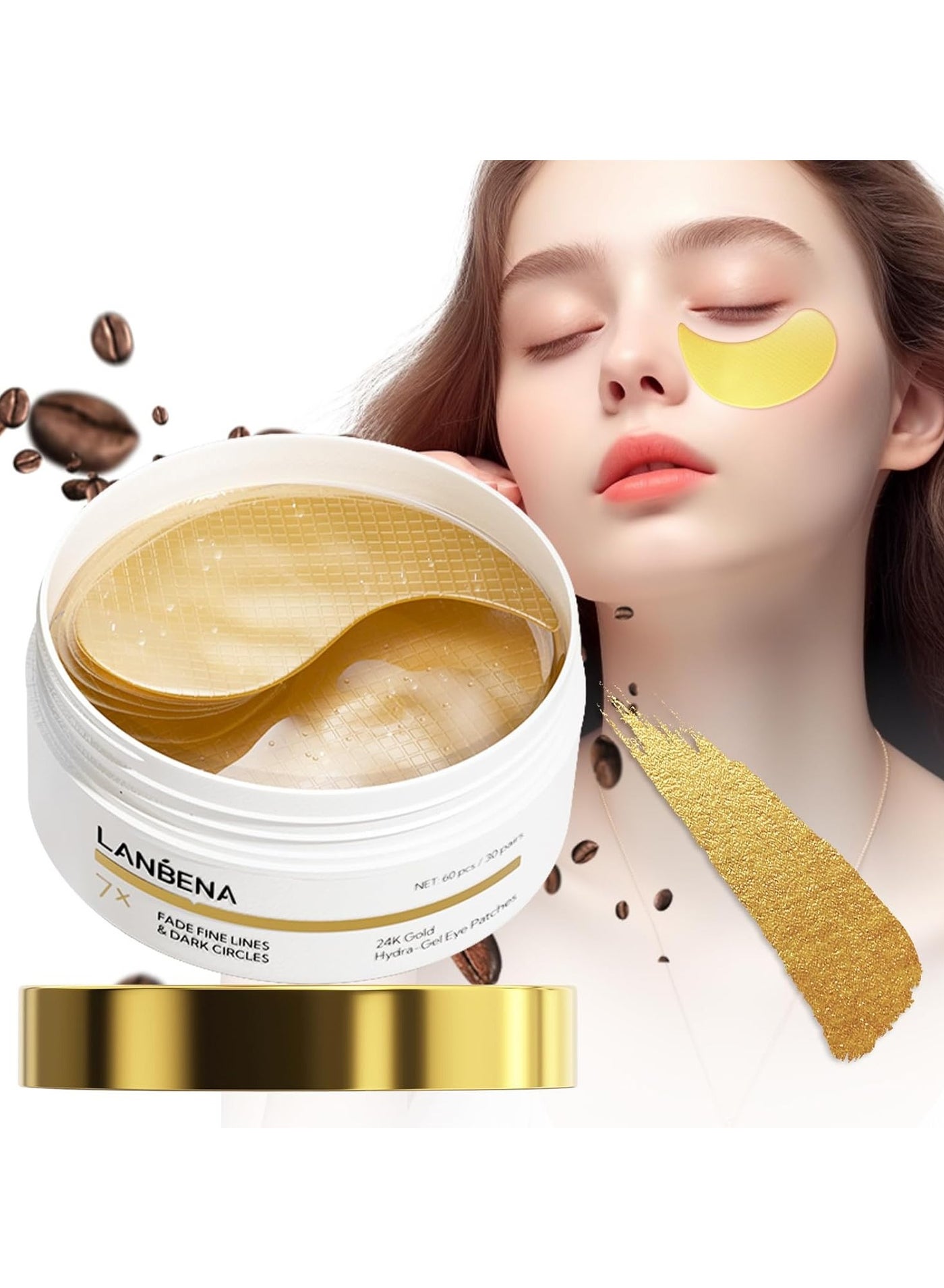LANBENA 24K Gold Under Eye Patches(30 Pairs) -Cooling Eye Masks for Fine Lines Reduce, with Caffeine Niacinamide Tetrapeptide Hydra-Gel Collagen, Puffy Eyes & Dark Circles & Eye Bags Treatment