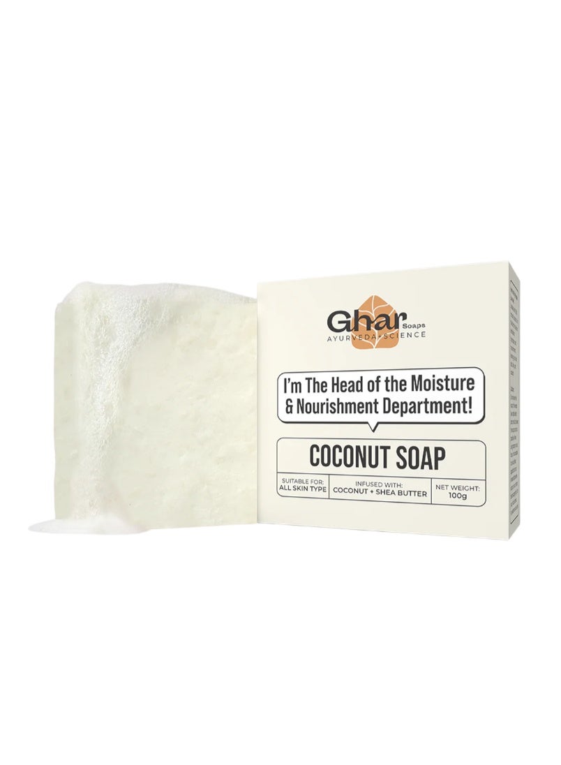 Ghar Soap Natural Handmade Coconut Soap Bar – Moisturizing & Nourishing Skin Care Bar –Deep Hydration for Dry & Sensitive Skin – Chemical-Free for Face & Body – 100g