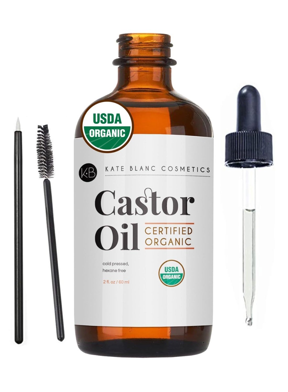 Kate Blanc Cosmetics Castor Oil Organic for Hair, Lashes, Face (2oz), 100% Pure, Cold Pressed, Hexane Free. Eyelash Serum for Thicker-Looking Eyelashes & Eyebrows