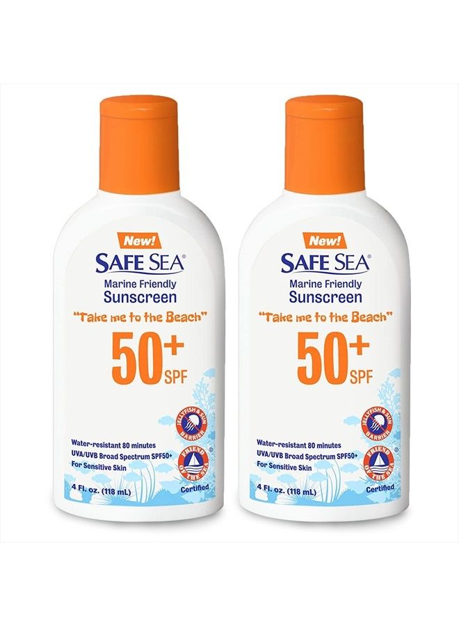 Safe Sea Jellyfish Sting-Blocking Sunscreen, SPF 50+ Lotion 4oz, Waterproof, Biodegradable, Coral Reef-Safe – Body and Face Sunscreen, Anti-Jellyfish and Sea-Lice sting protection.