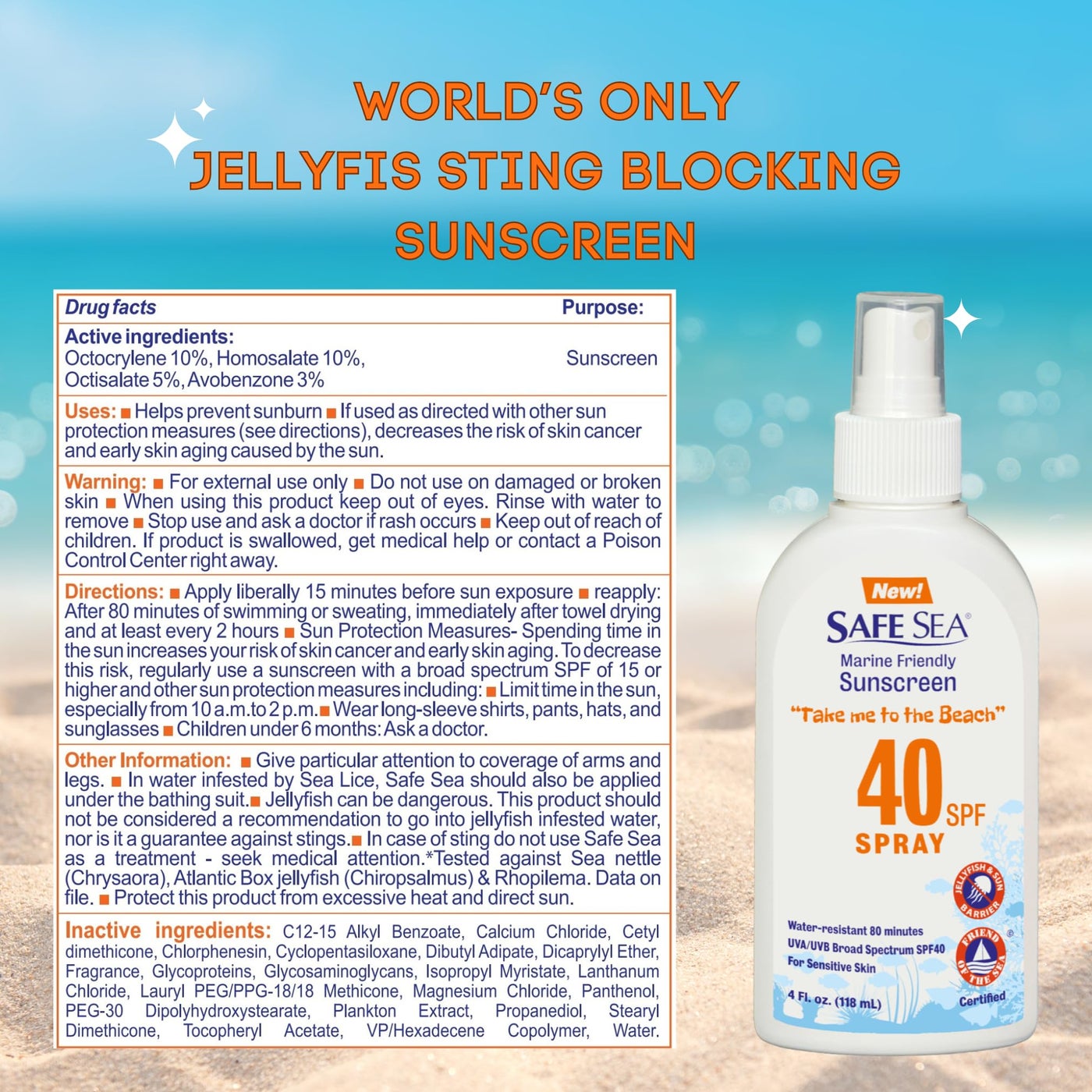 Safe Sea Jellyfish Sting-Blocking Sunscreen, SPF 40+ Spray 4 Fl oz, Waterproof, Biodegradable, Coral Reef-Safe â€“ Body and Face Sunscreen, Anti-Jellyfish and Sea-Lice sting protection.