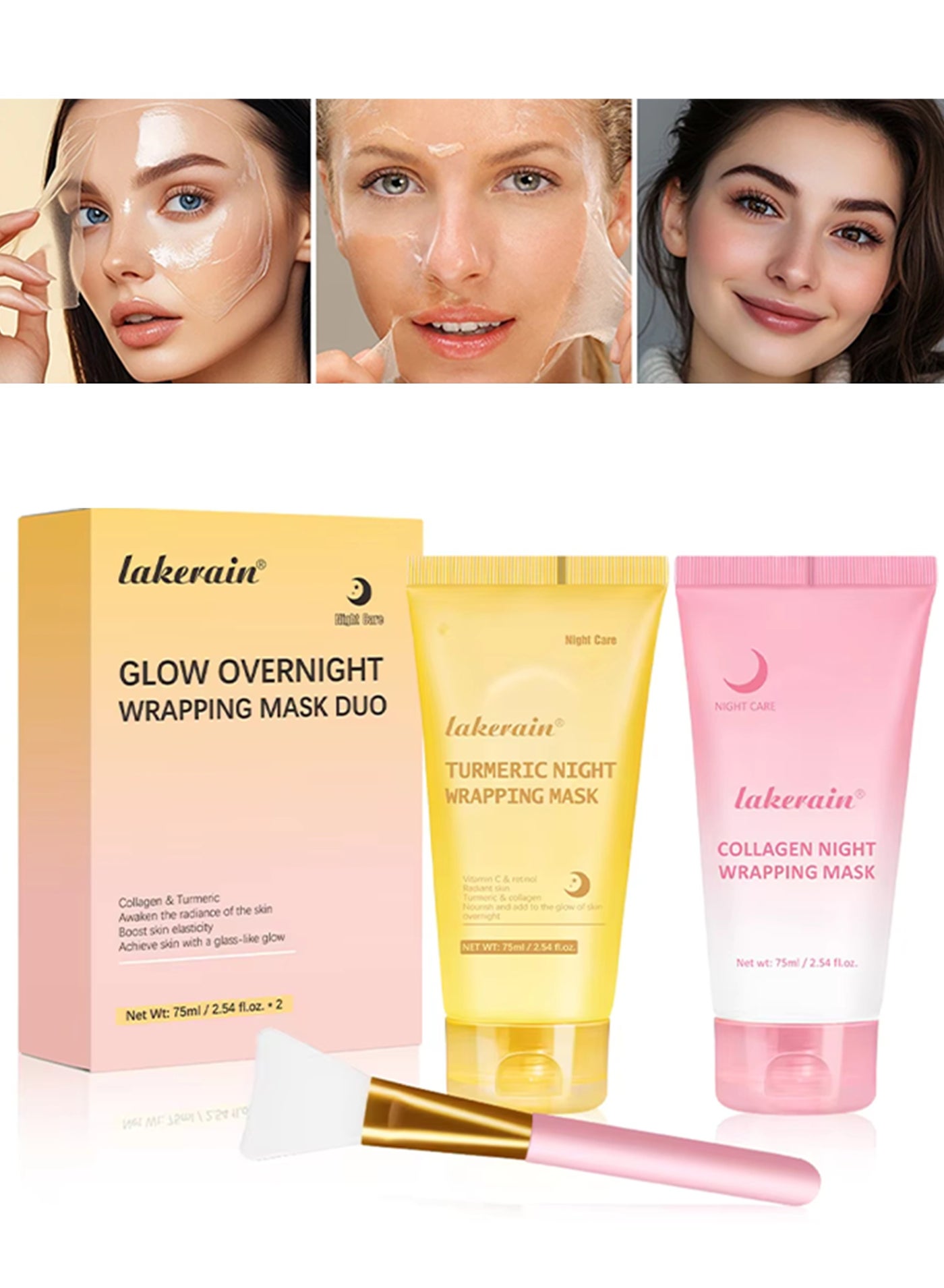 2pcs Glow Overnight Wrapping Mask Duo Collagen and Turmeric Night Wrap Mask Set Deep Hydration Peel Off Sleeping Mask Moisturizing and Hydrating Featuring Natural Ingredients for Nourishing Skin Nighttime Applicator Mask Combo 2X75ML