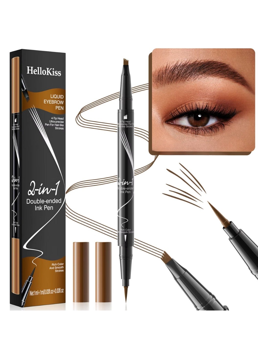 Liquid Eyebrow Pen 2 in 1 Double Ended Ink Pen with Brush Tip for Hairlike Strokes and 4 Fork Tip to Fill Eyebrow Waterproof Smooth Strokes Liquid Eyebrow Pencil Light Brown 01
