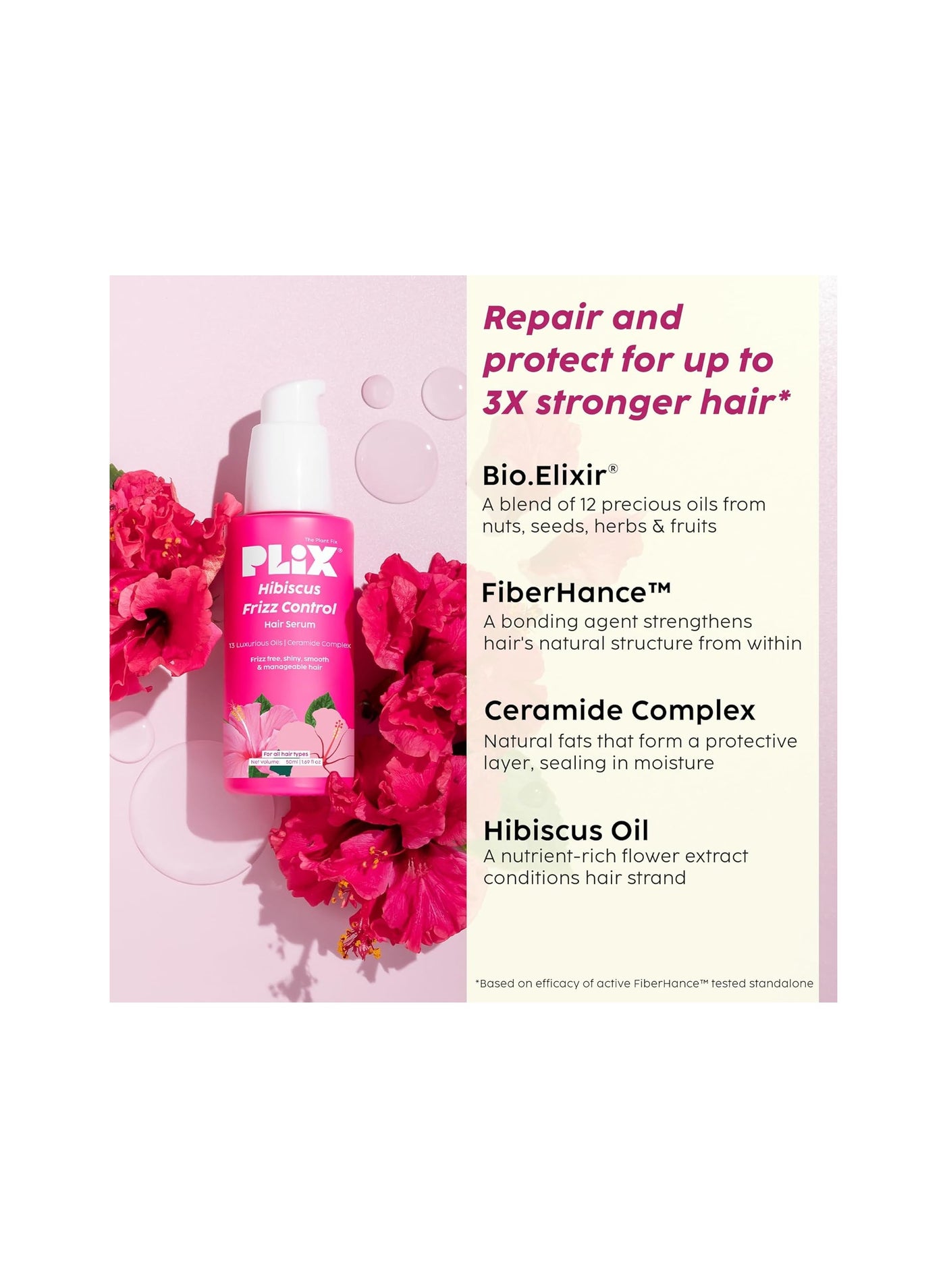 Hibiscus Frizz Control Hair Serum Protects & Smoothes, Dry, Flyaway & Frizzy Hair, With 13 Nourishing Oils 3x Strength with Fiberhance 50ml - image 4