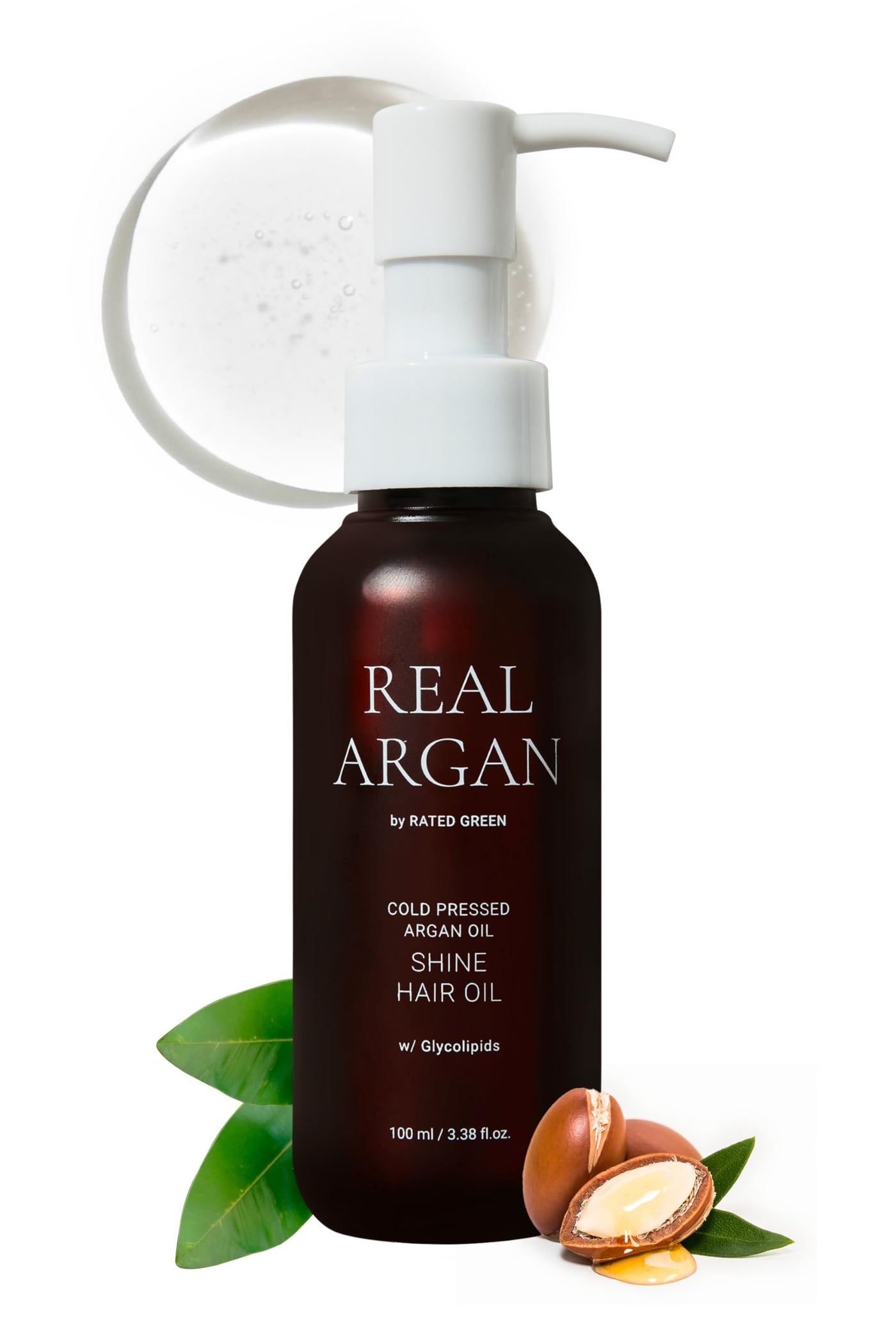 RATED GREEN Real Argan Cold Press Argan Oil Shine Hair Oil w. Glycolipids | Coconut Oil, Moringa Oil | Deep Repair & Shine Boost for Damaged, Frizzy Hair | Korean Vegan Formula | 3.38 fl oz