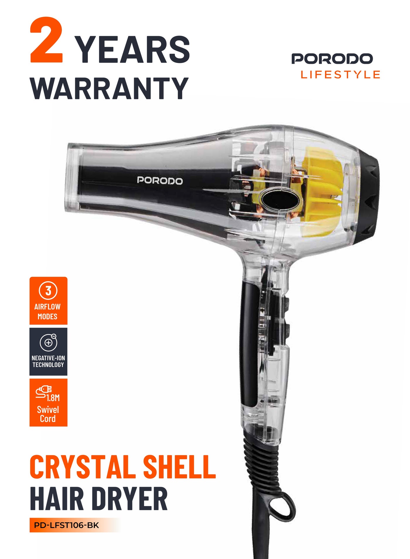 Lifestyle Crystal Shell 2000W Hair Dryer with 3 Airflow Modes & 2 Speed Level / Removable Filter / Swivel Cord / Over-Heating Protection / Negative-Ion Technology / UK 3-Pin Power Plug / Temperature Control - Black