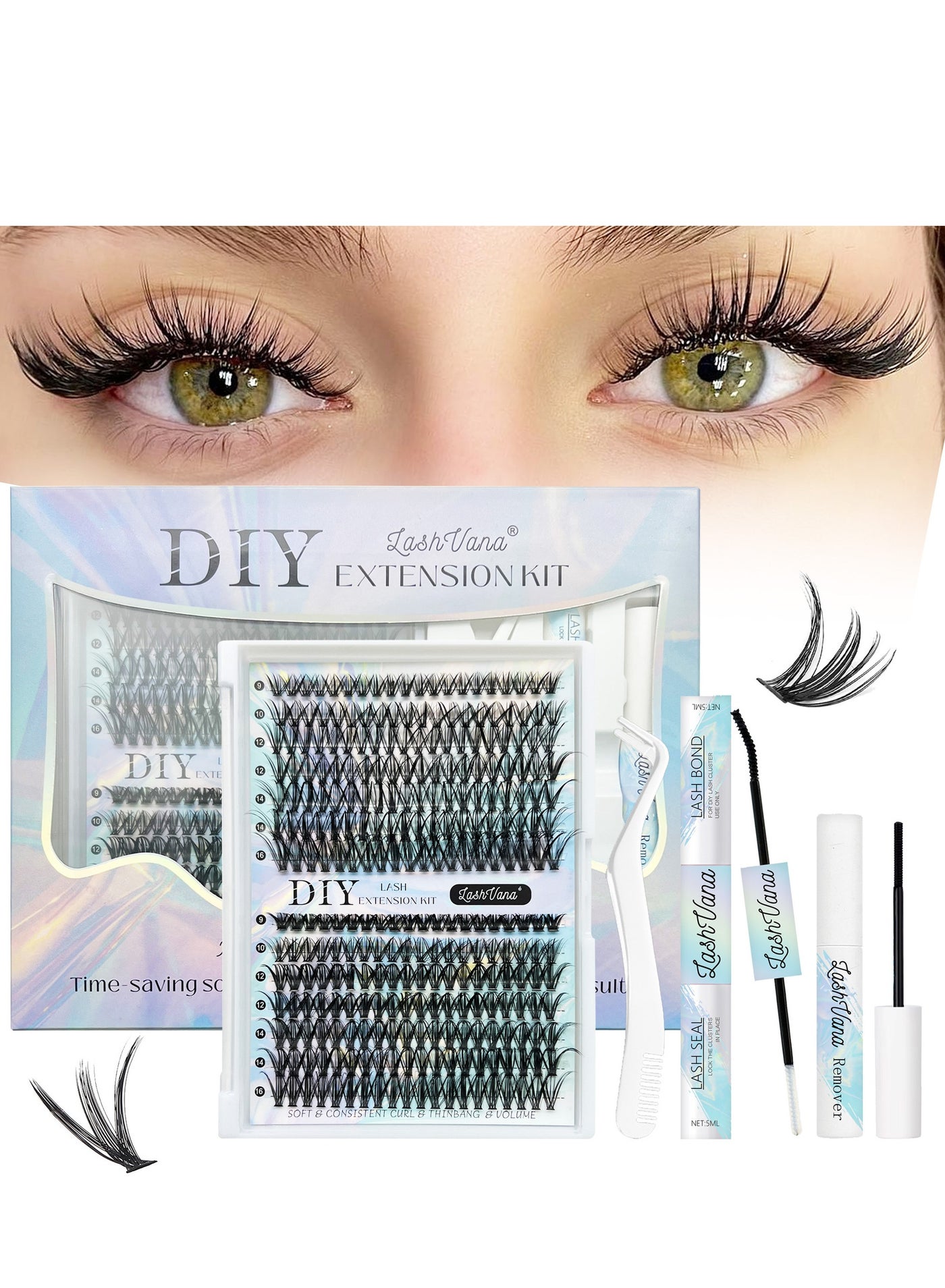 280pcs False Eyelashes, DIY Lash Extension Kit,Individual Lash Clusters With Lash Bond,Lash Remover And Applicator, Eyelash Extension Kit, Easy To Apply At Home(30d+40d Kit)