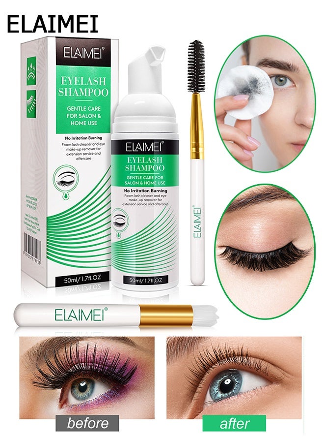 Lash Shampoo for Lash Extensions, Eyelash Extension Cleanser，50ml+ Brush - Eyelid Foaming Cleanser Wash for Extensions & Natural Lashes/Safe Makeup Remover for Professional Salon & Home Use