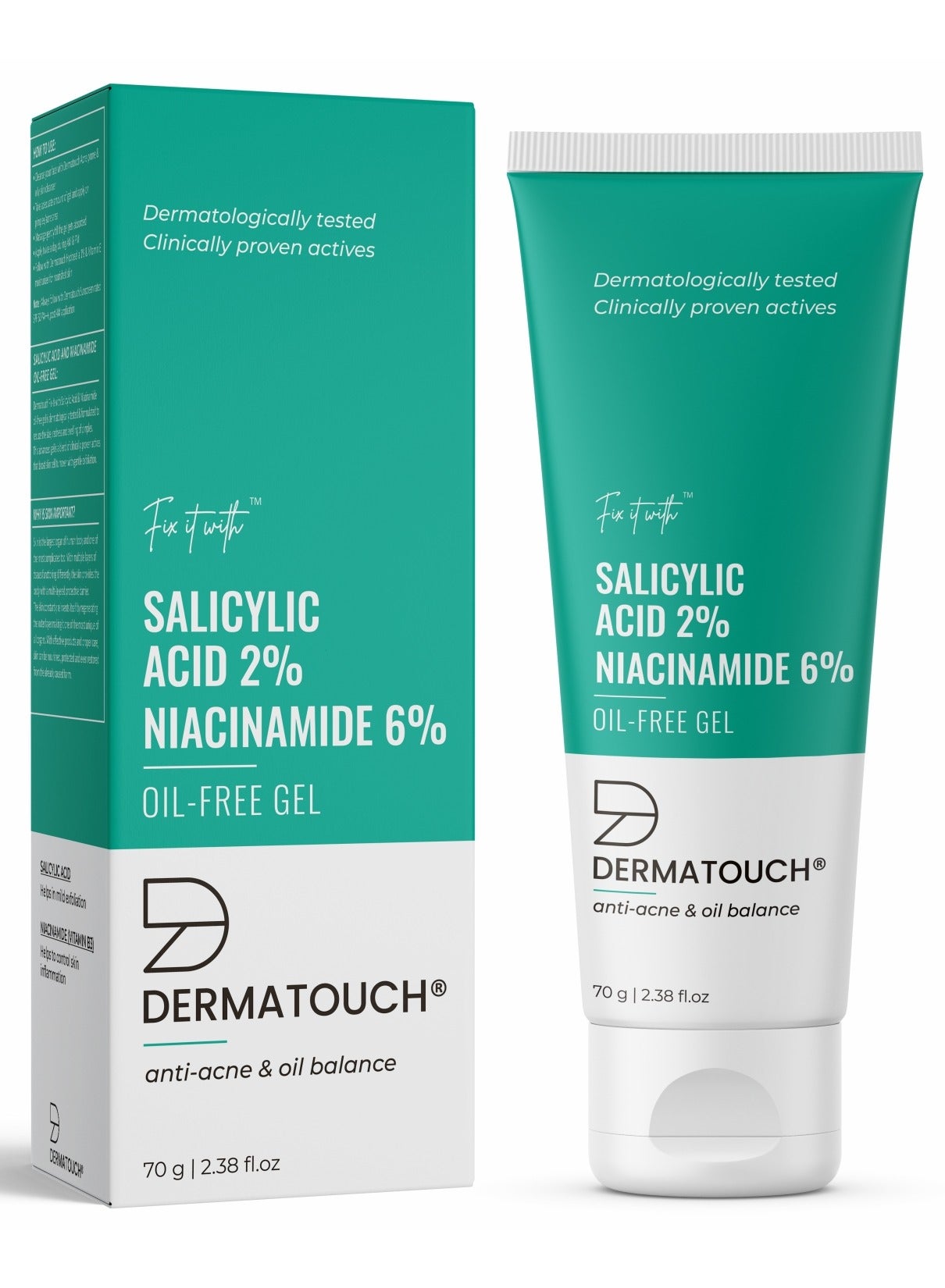 DERMATOUCH Salicylic Acid 2% Niacinamide 6% Anti-Acne Oil-Free Gel For Active Acne, Oil Balancing, Pore tightening - 70G