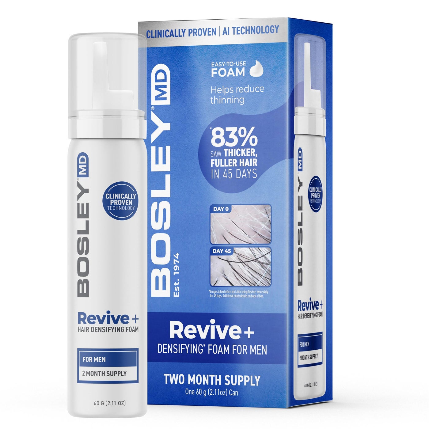 BosleyMD Menâ€™s Revive + Densifying Treatment Foam â€“ Drug-Free Hair Thinning Treatment with YuvaBioÂ® Y100â„¢, Biotin & Pumpkin Seed Oil â€“ 60-Day Supply, 2.11 oz