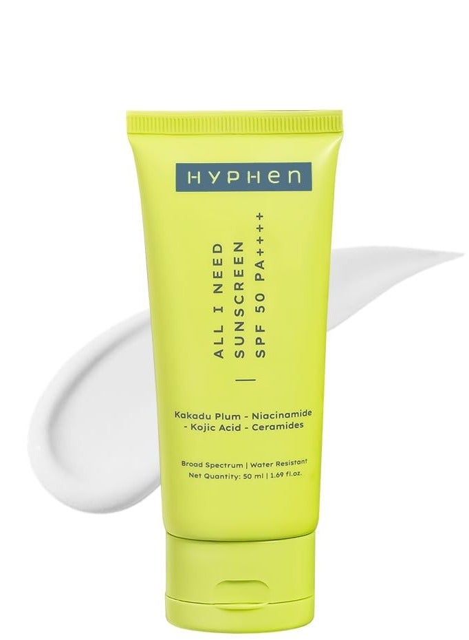 All I Need Sunscreen SPF 50 PA ++++ | Lightweight Sun Cream That Moisturizes & Leaves No White Cast | UVA & UVB Sun Protection & Blue Light Protection | Niacinamide, Ceramide Mineral Sunscreen SPF 50 for | Rich in Anti-Oxidants - 50ml
