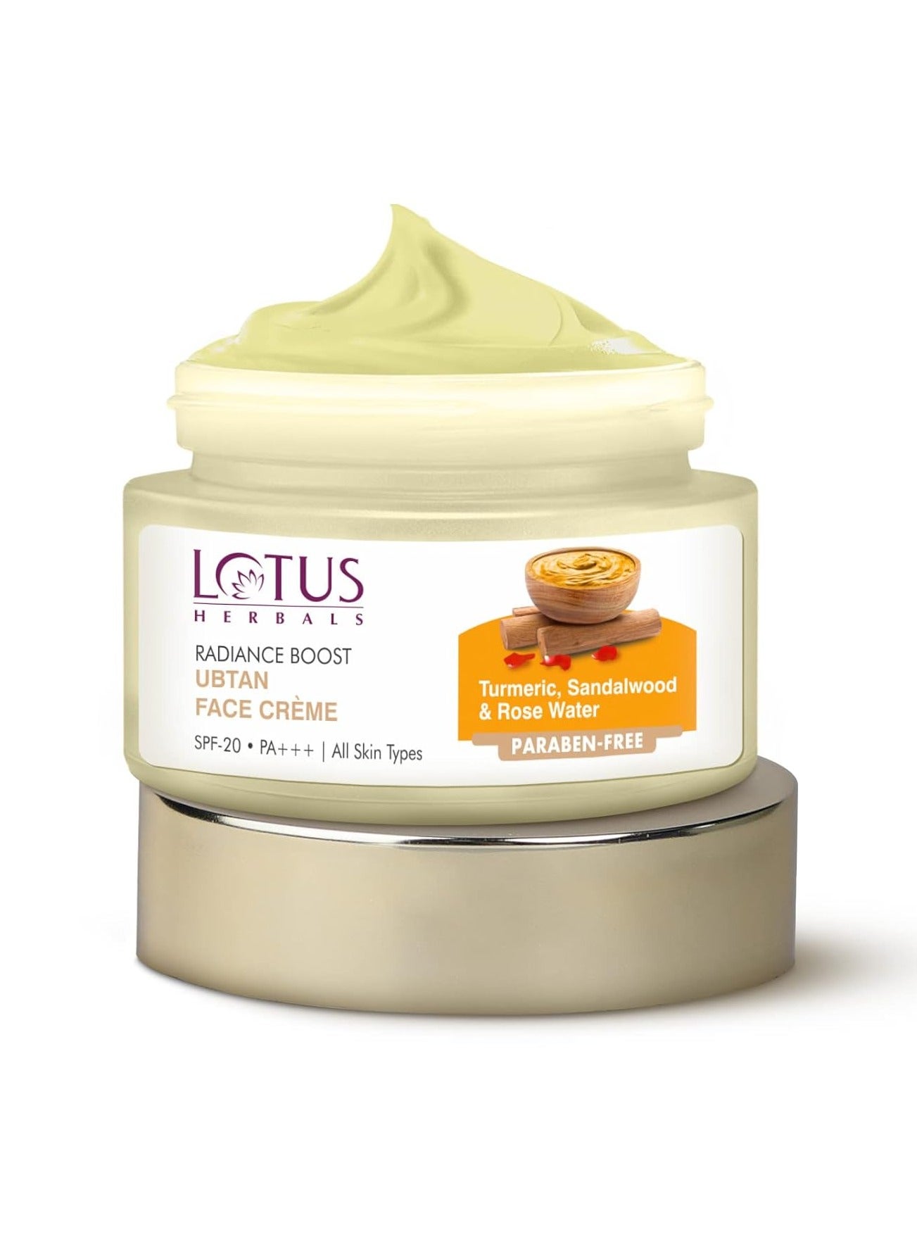 Lotus Herbals Radiance Boost Ubtan Face Cream SPF 20Turmeric, Sandalwood and Rose Water Glowing Skin Reducing Dark Spots Paraben free Mineral Oil Free 50gm