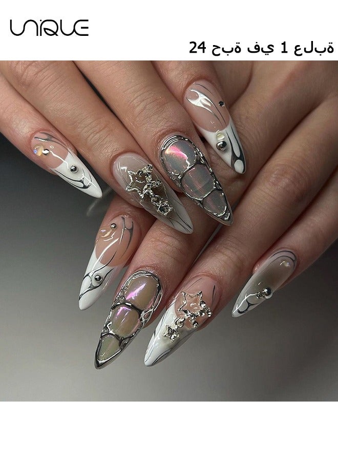24Pcs Fake Nails, Press Nails, Long Almond Manicure - Gradient White Star Manicure - Three-dimensional Rhinestone Pearl Manicure - Fake Nail Patch