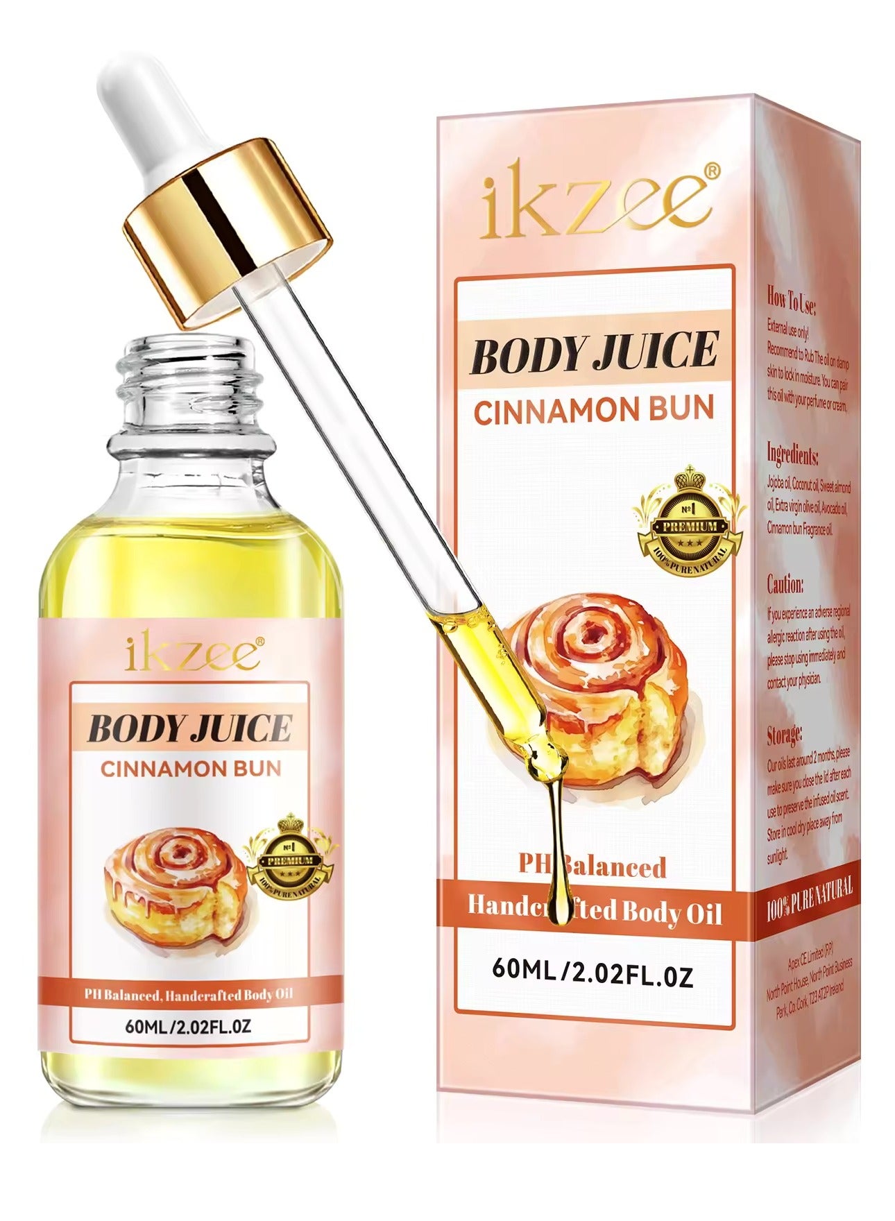 60ml Body Juice Oil Cinnamon Bun Hand Crafted Body Oil for Women Nourishing Hydrating & Moisturizing for All Skin Types with Natural Oils 100% Pure Natural Essence Body Juice Oil
