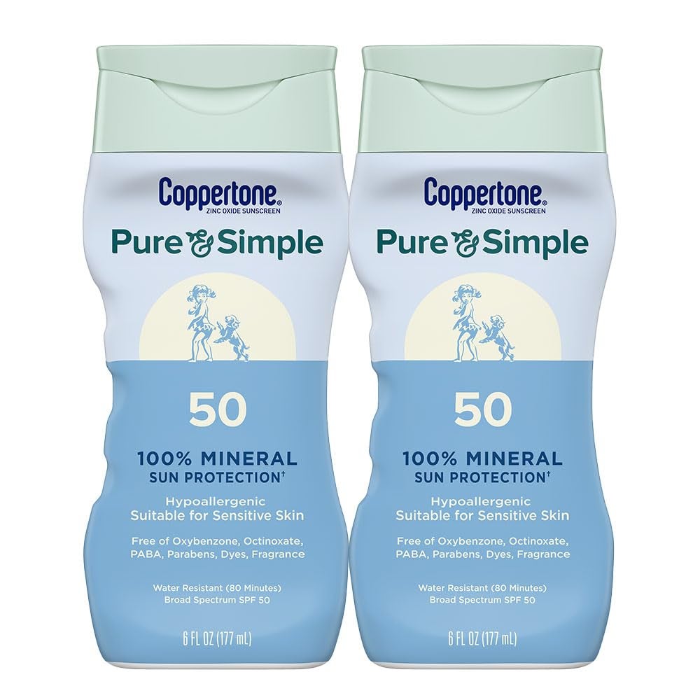 Coppertone Pure and Simple Zinc Oxide Mineral Sunscreen Lotion SPF 50, Water Resistant Sunscreen for Sensitive Skin, Hypoallergenic and Fragrance Free, 6 Fl Oz Bottle, Pack of 2