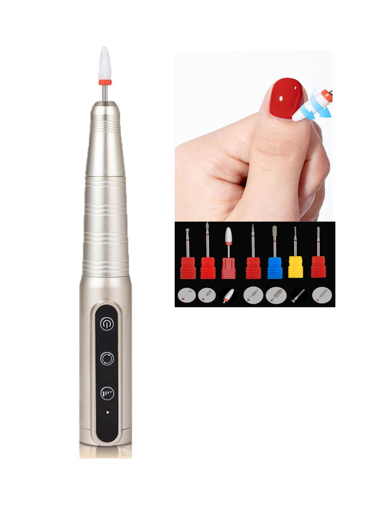 Electric Nail Drill Set Machine File Filer Cordless Acrylic For Nails Portable Professional De Uñas Flawless Wireless With 7 Pcs Drill Bits Kit and Sanding Bands for Home Salon Use Gold
