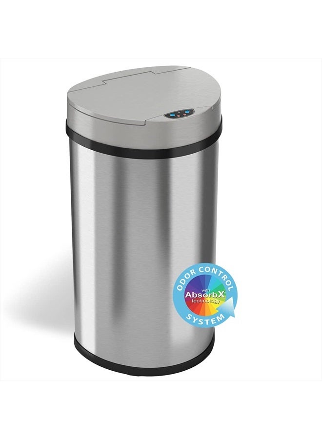 13 Gallon Kitchen Trash Can with Odor Control System, Stainless Steel Extra-Wide Opening Touchless Automatic Garbage Bin, Brshed Silver, Semi Round, Sensor