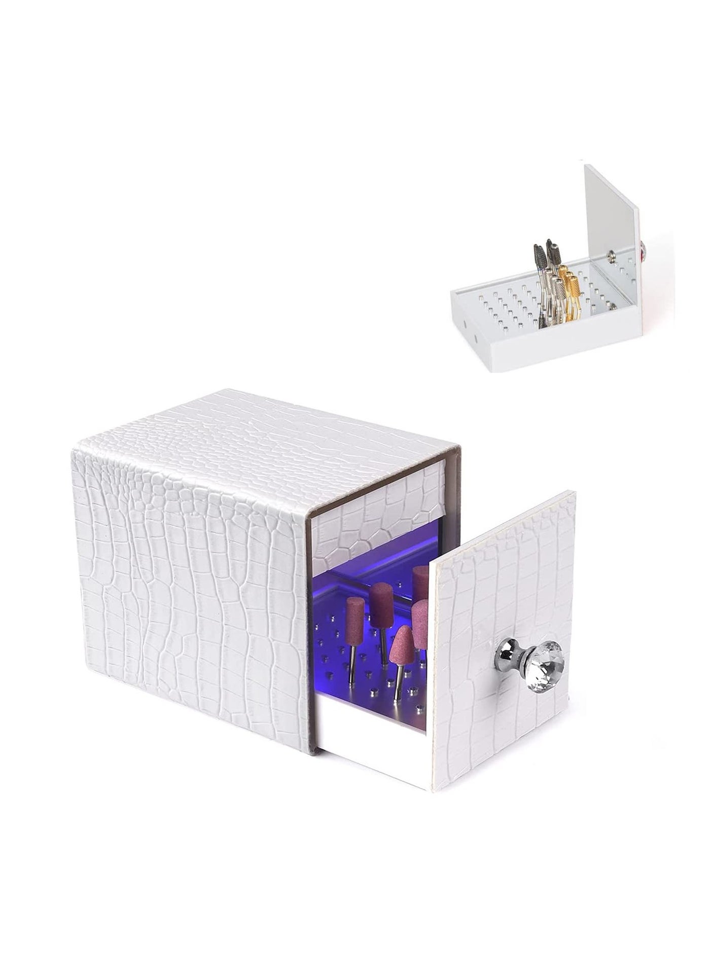 SYOSI Nail Drill Bit Holder, 48 Holes Stand Display Organizer Nail Drill Grinding Bit Case with Blue UV Light, Dust Proof Nail Polish Head Storage Box with USB Charging for Nail Salon (White)