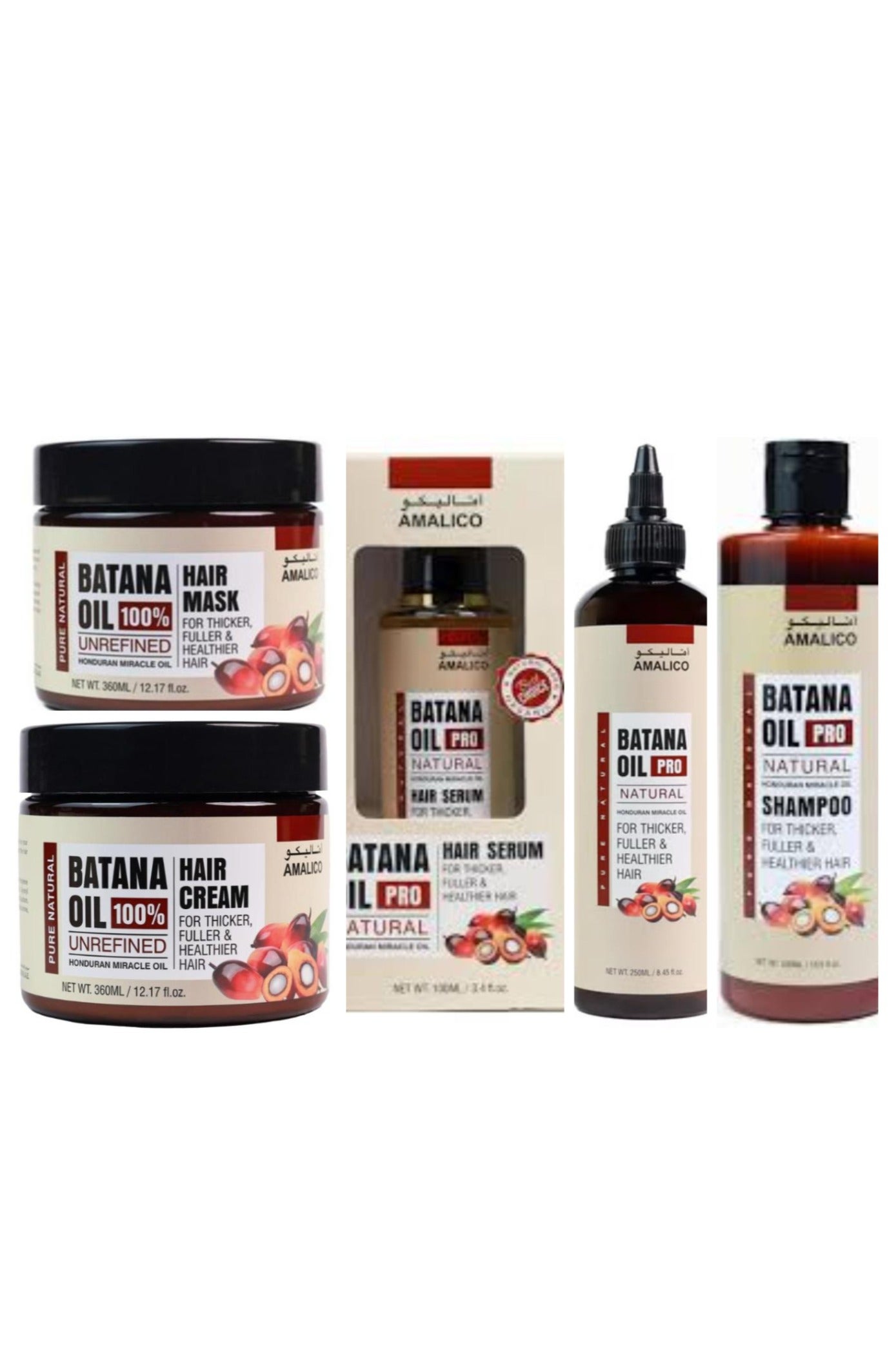 Set Of 5 Pcs   Batana Oil Pro Natural Hair Serum 100ml + Batana Hair  Oil 250ml + Batana Oil Pro Natural Shampoo + Batana Oil 100% Unrefined Hair Mask 360ml+Batana Oil 100% Unrefined Hair Cream 360ml