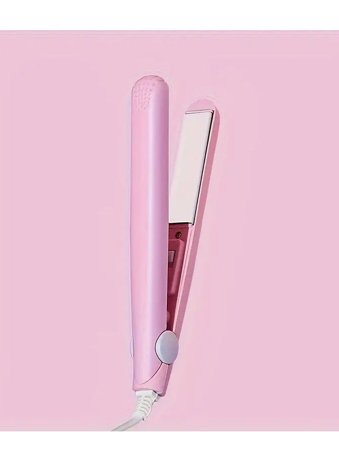 Pink Kawaii Auto-Rotating Curling Wand - Mini 2-in-1 Hair Straightener & Curler with Heat-Resistant Case
