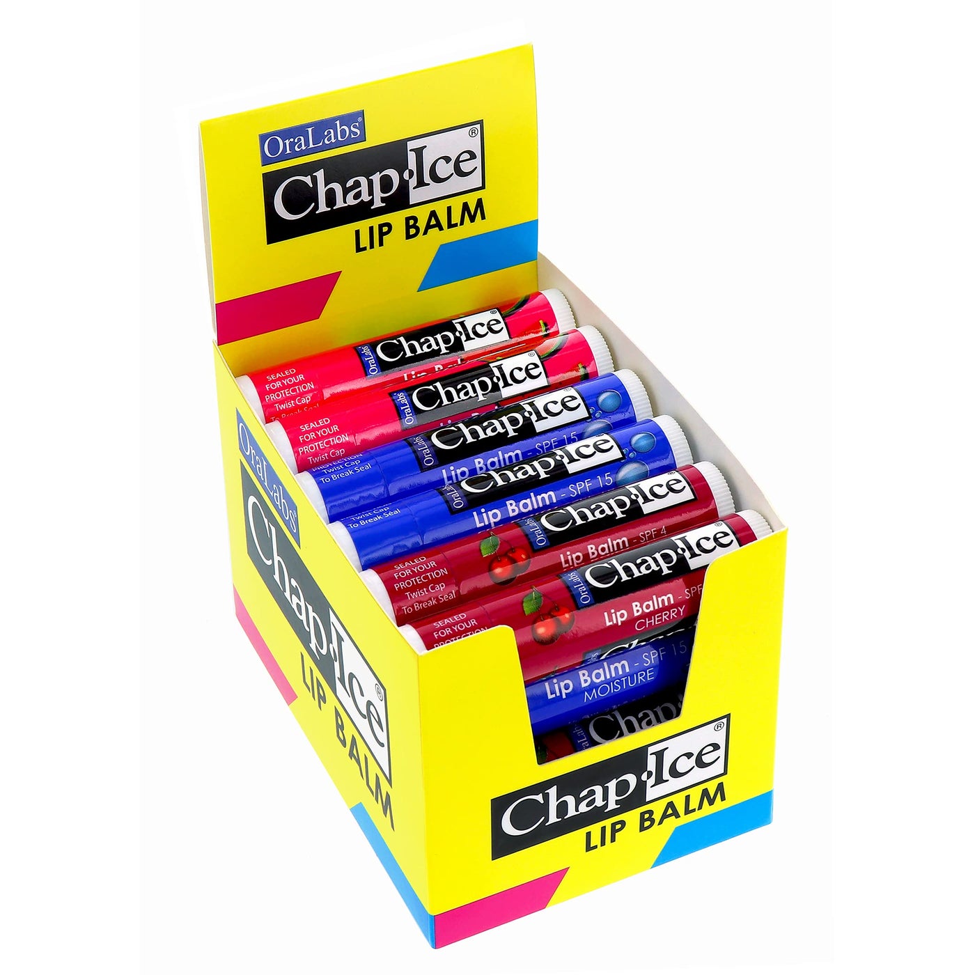 Chap-IceÂ® | Premium and Traditional Lip Balm for Chapped, Dry, or Windburned Lips | 3 Flavor Assorted (SPF-15) - Cherry, Moisture & Watermelon - 24 Sticks (0.15oz/4.25g)
