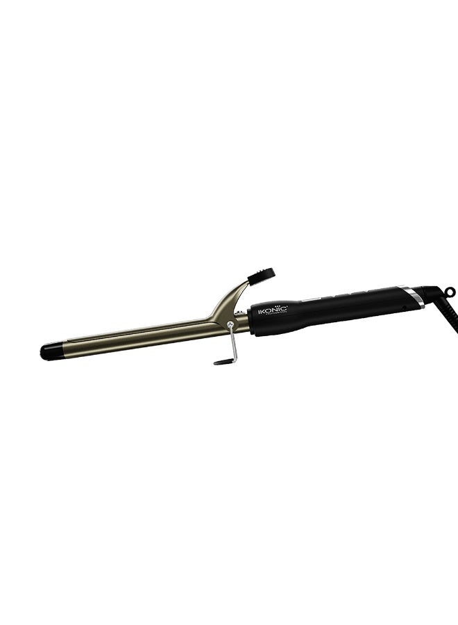 Ikonic Curling Tong Black & Golden , 19mm, Ceramic Shine Infused Barrel, Heat Indicator, Rubber Comfort Grip, Safety Stand & 360° Swivel Cord for Tight, Loose & Retro Curls
