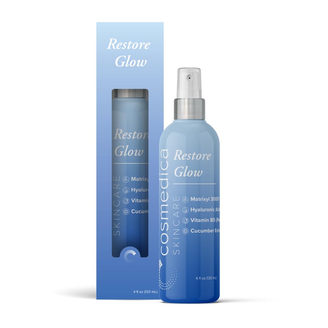 Cosmedica Skincare Restore Glow Peptide Spray Hydrating Mist with Matrixyl 3000, Vitamin B5, Hyaluronic Acid & Cucumber Extract for Radiant Skin â€“ 4 oz