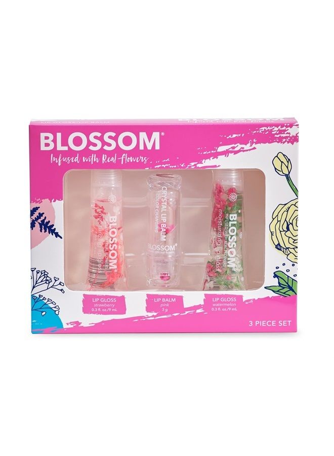 Scented Moisturizing Lip Gloss Tubes + Custom Color Change Crystal Lip Balm, Infused with Real Flowers, 0.9 fl. oz/27ml, 3 pack, Strawberry/Pink/Watermelon