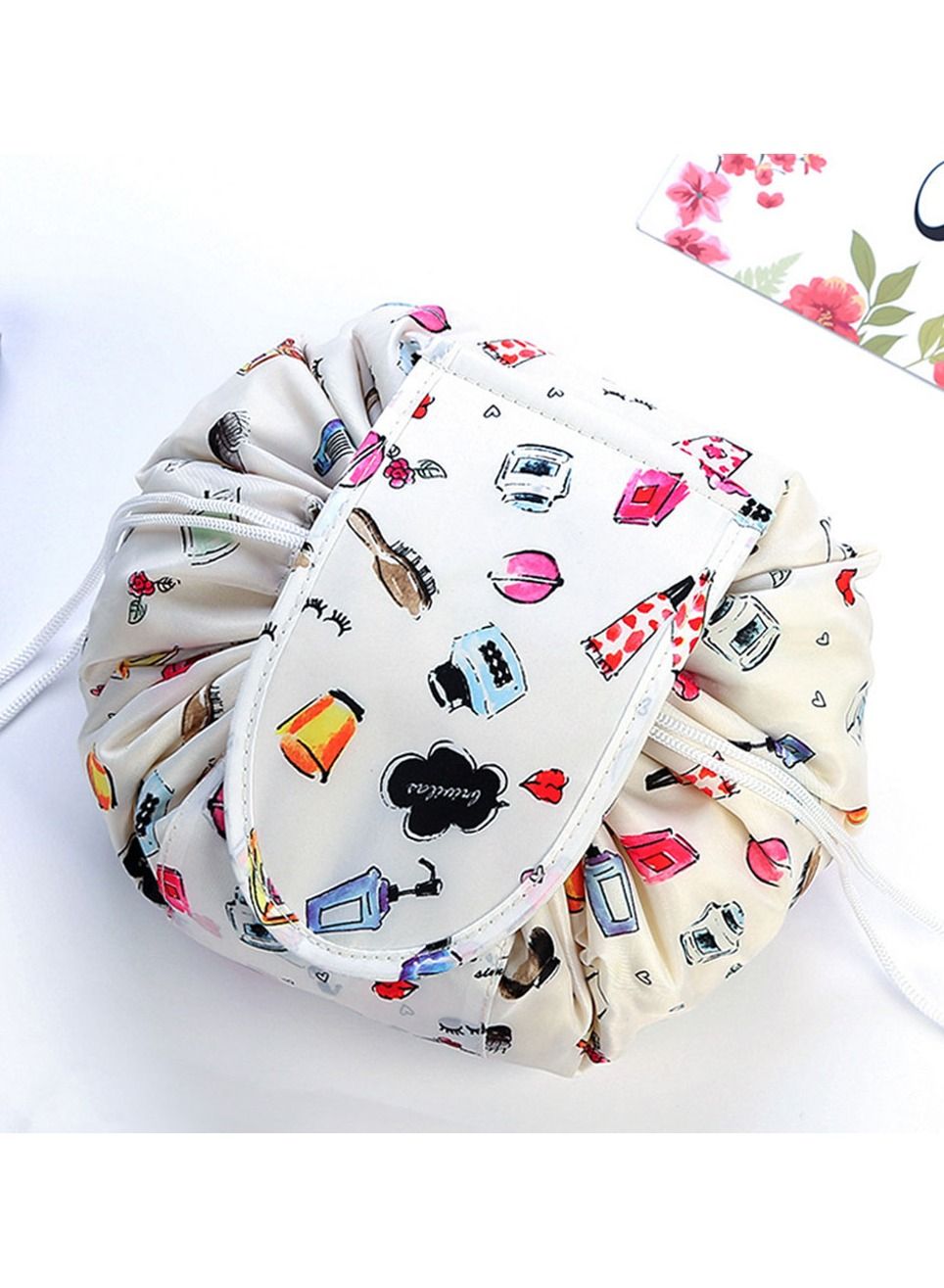 Makeup Bag Drawstring Travel Cosmetic Bag Round Magic Toiletry Beauty Kit Pouch Multicolor Printed