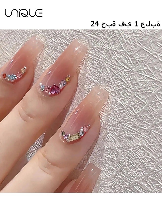 24Pcs Fake Nails, Press Nails, Mid-length Ballet Manicure - Skin Tone Manicure - Multicolor Diamond Manicure - Fake Nail Patch
