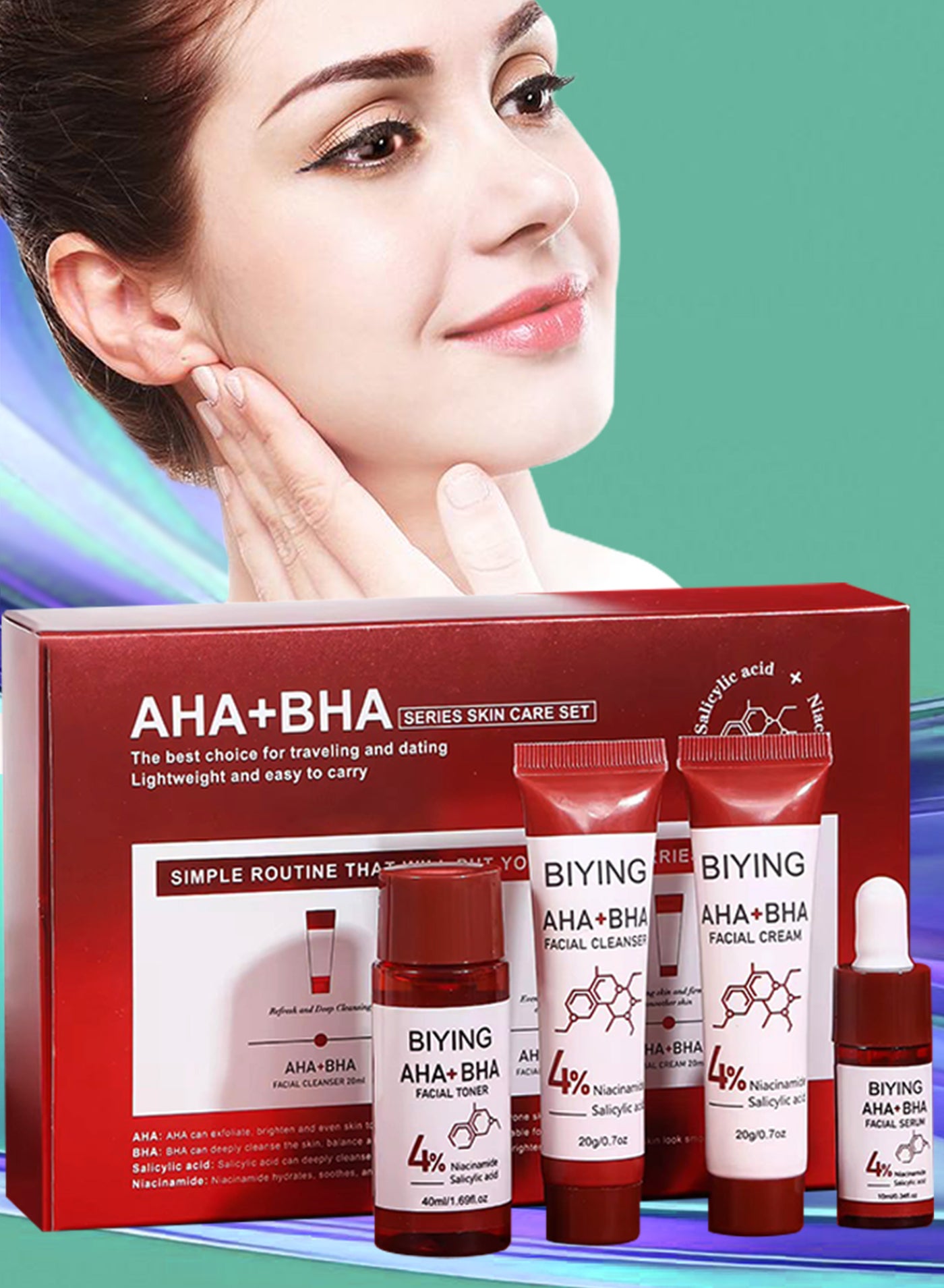 4Pcs AHA BHA Series Skin Care Set for Face Hydration Exfoliate Moisturizing and Cleansing with AHA BHA Facial Cleanser Toner Serum and Cream with Salicylic Acid and Niacinamide Skin Care Kit