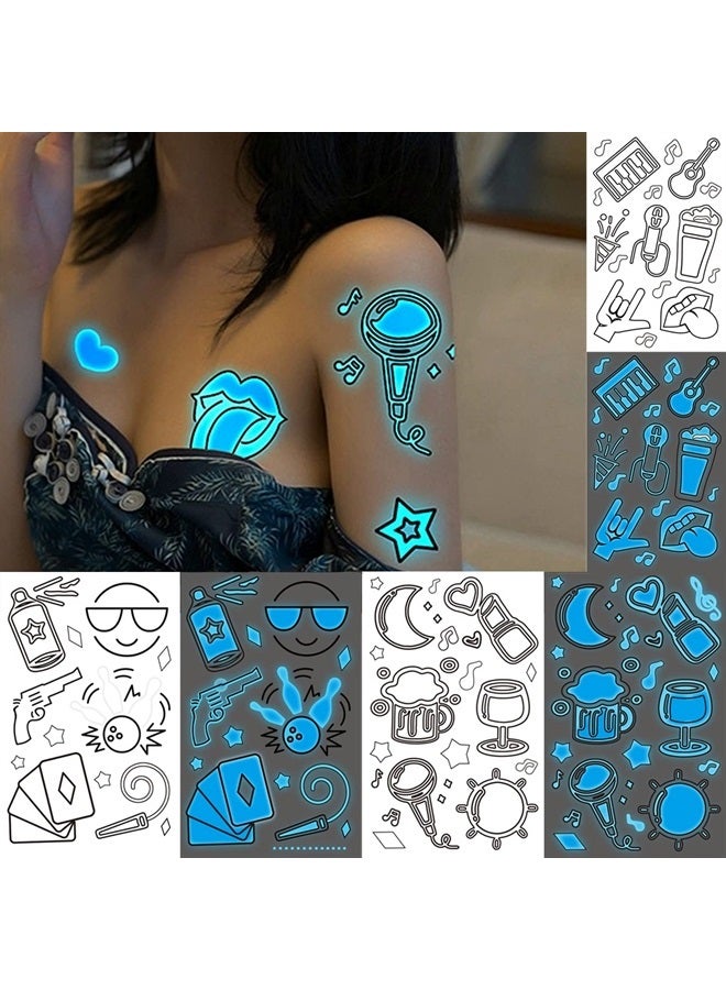 Glaryyears Glow in the Dark Tattoos Makeup for Adults, 80+ Blue Color 12 Pack Fake Body Tattoo Stickers, Charming Accessory for Women Men in Party Favors Supplies Pub Nightclub Music Festival