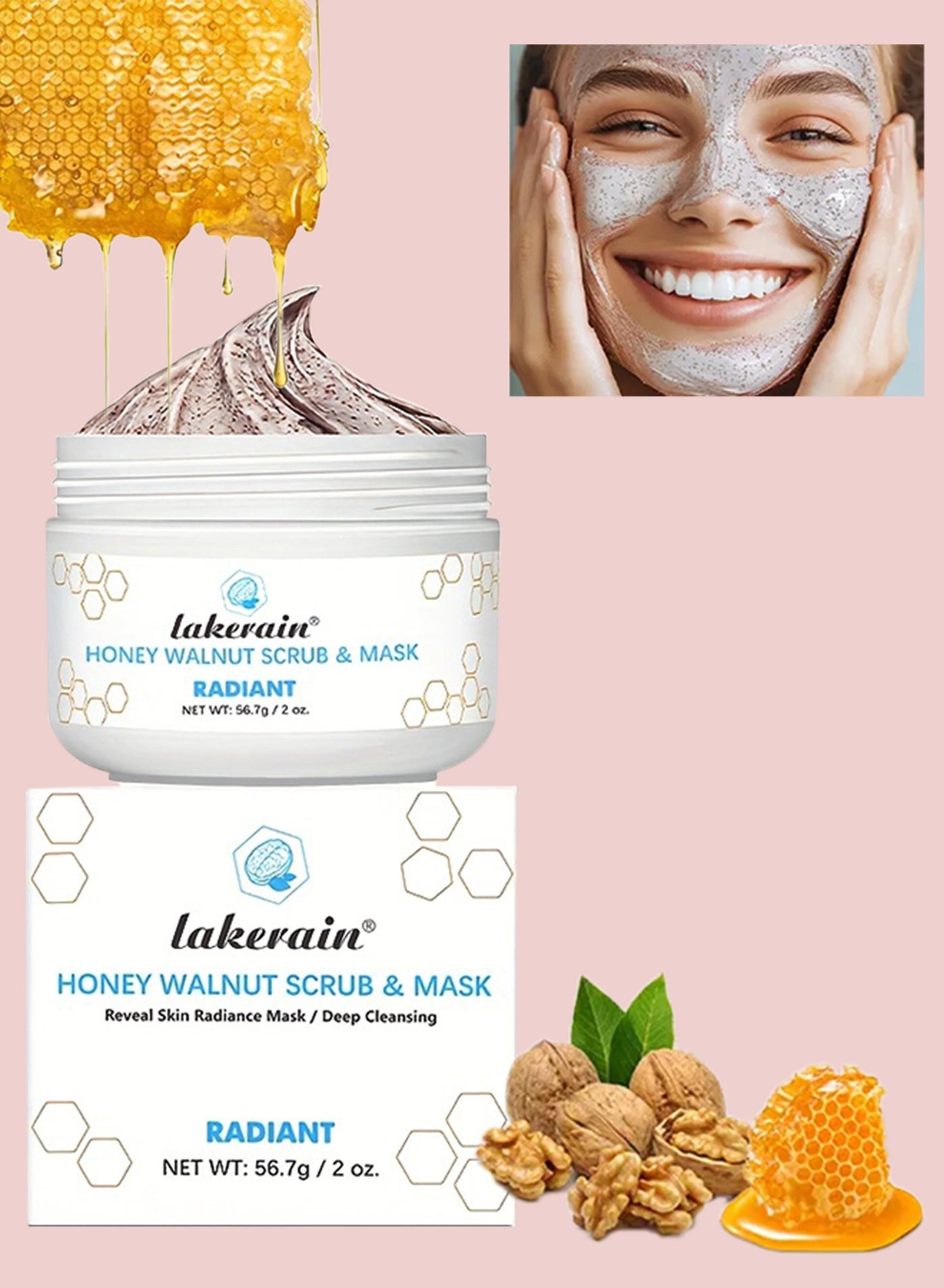 Honey Walnut Scrub and Mask 56.7g Improve Scar and Acne with Honey and Aloe Vera Extract for All Skin Types Deep Cleansing Moisturizing Skin Lightening Soothing Facial Scrub