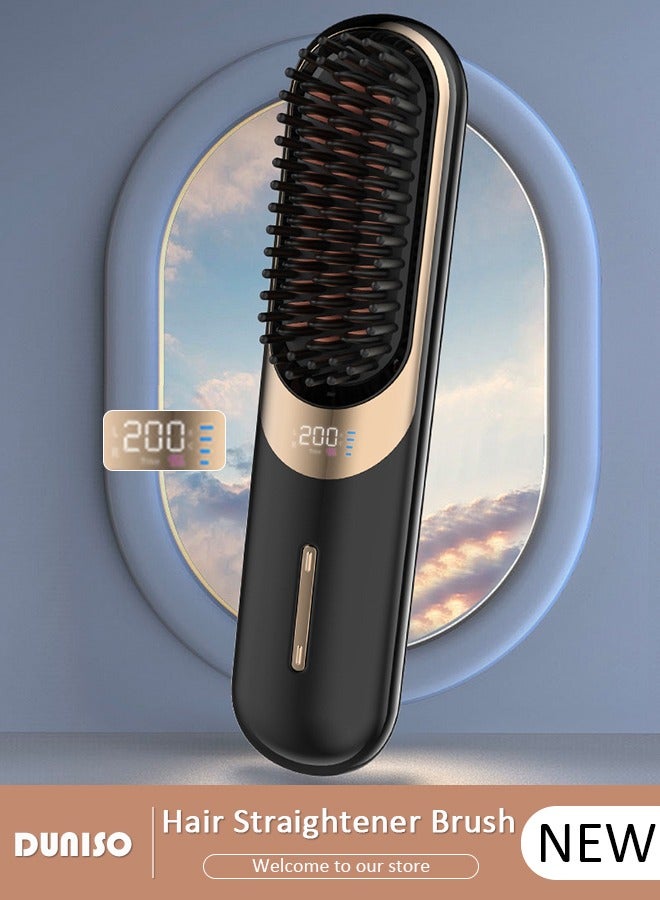 Cordless Ion Hair Straightener, Portable Straightener Brush for Type-c Charging, Hair Straightener Comb with LCD Temperature Display, Lightweight Anti-Scald Straightener with 4 Temp Settings for Travel, Home, Dormitory