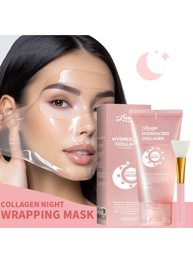 Hydrolyzed Collagen , Overnight Peel Off Hydrolyzed Collagen Facial Mask for Elasticity & Hydration, Tight Skin, Reduce Sagging & Dullness, 75ML(Brush Included)