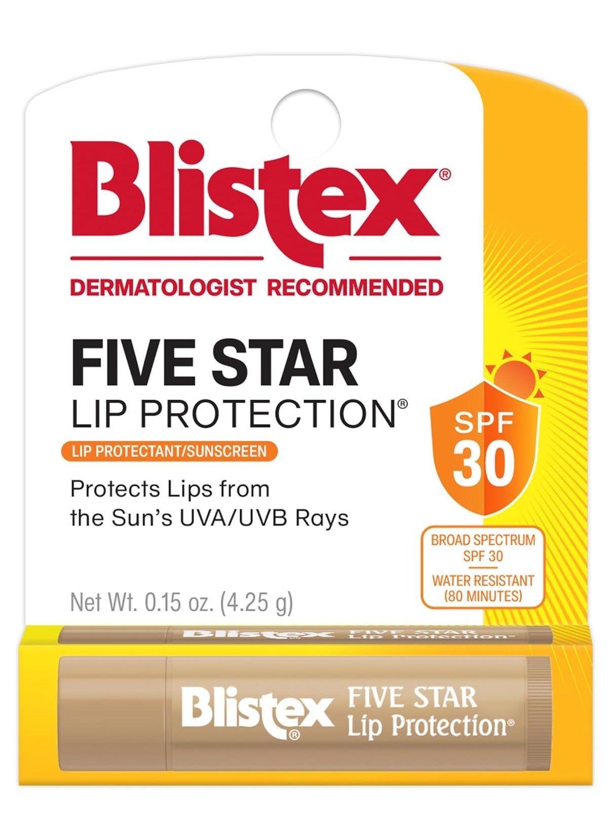 Five Star Lip Protection Lip Balm, 0.15 Ounce – Wind & Water-Resistant Lip Care, Broad Spectrum SPF 30 Sun Protection, Soothes Cold Chapped Lips, Hydrating Lip Treatment, Holds in Moisture