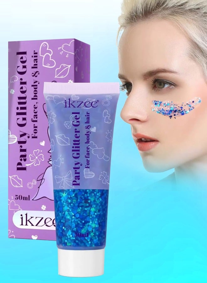 50ml Party Glitter Gel for Face Body and Hair Long Lasting Hight Pigmented Easy Apply Party Holographic Body Glitter Gel for Hair Ears Lip Nails Body and Neck Makeup Color 01