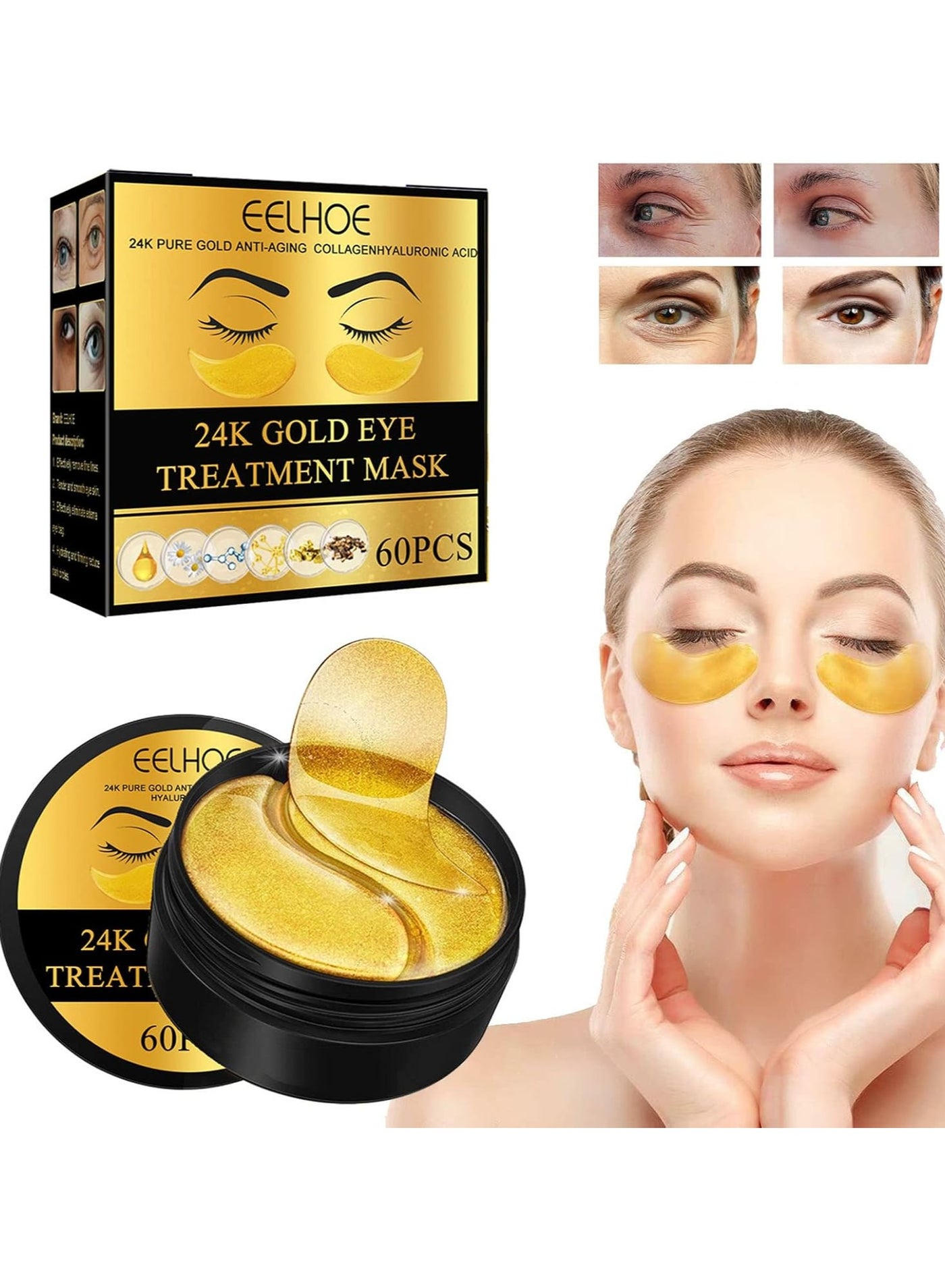 24K Gold Eye Treatment Mask 60pcs, Has The Effect Of Reducing Edema, Eliminating Wrinkles and Dark Circles Under The Eyes, and Reducing Eye Skin Aging, Skin Care for Both Men and Women Suitable for All Skin Types