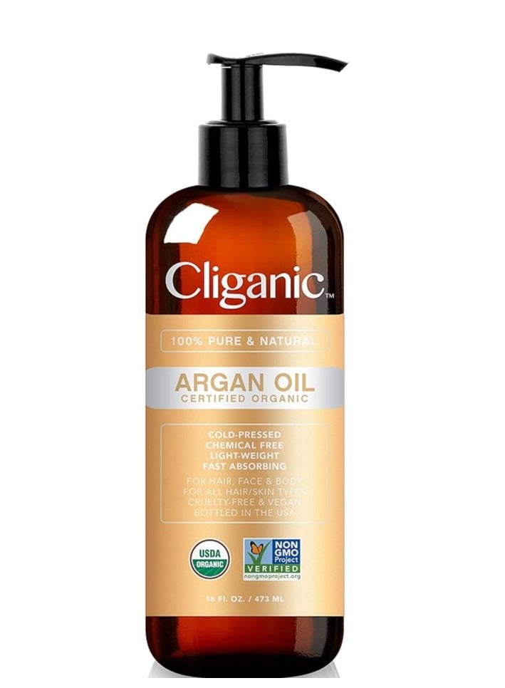 Cliganic Organic Argan Oil 16oz with Pump, 100% Pure | Bulk for Hair, Face & Skin