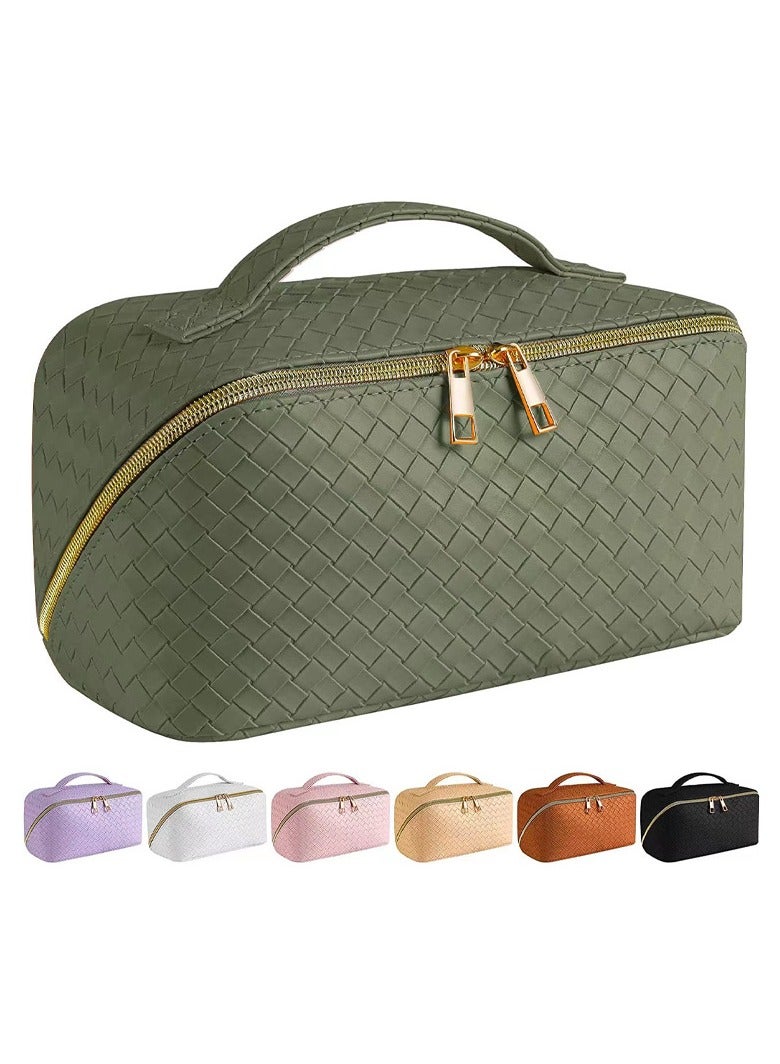 Large Capacity Travel Cosmetic Bag - Makeup Bag, PU Leather Waterproof Cosmetic Bag, Women Portable Travel Makeup Bag With Handle and Divider Flat Lay Makeup Organizer Bag GREEN