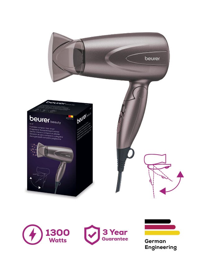 HC17 Compact Hair Dryer, Lightweight Hairdryer with Folding Function, 2 Heat And Blower Settings, 1300 Watts, Overheating Protection And Professional Nozzle, Foldable Handle for Travelling
