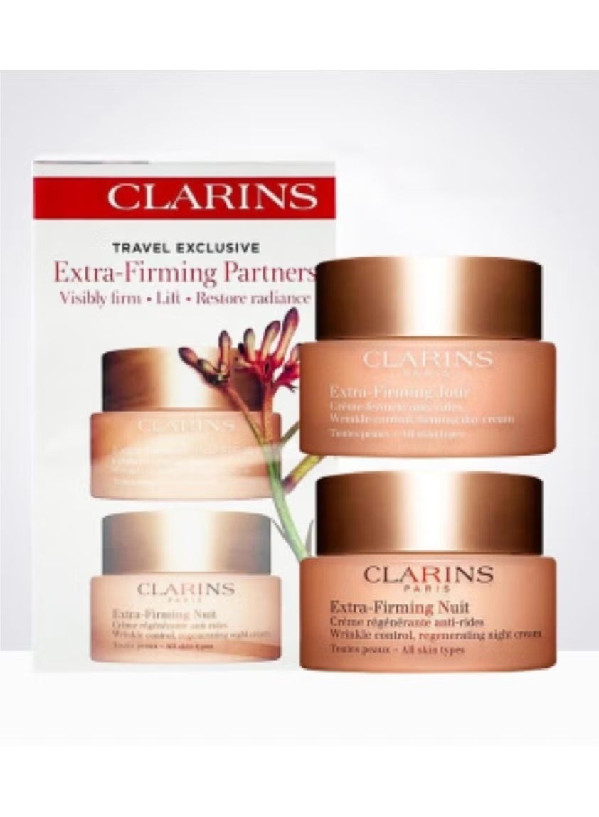 Clarins Extra-Firming Partners Travel Exclusive Duo Set for Dry Skin | Day Cream & Night Cream | Firming, Lifting & Anti-Wrinkle Skincare | 2 x 50ml