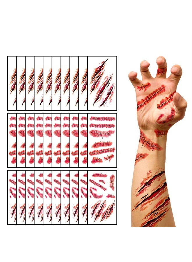 30 Sheets Halloween Temporary Tattoos, Horror Stitch Scar Scab Zombie Makeup Tattoos Stickers, Realistic Bloody Fake Wound for Halloween Party