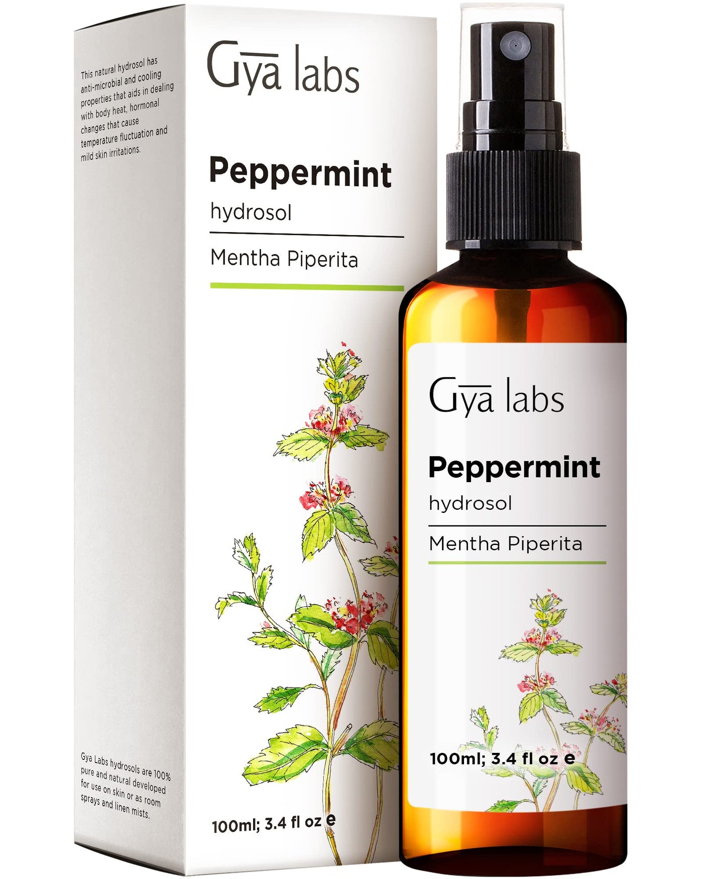 Gya Labs Peppermint Hydrosol - 3.4 Fl Oz - Face & Body Mist for Skin Toner & Hair Refresher - As Pillow, Room & Linen Spray for Fresh Scent