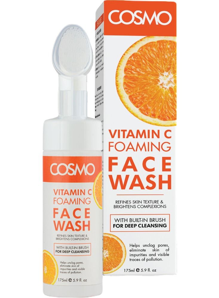 Cosmo Skin Care Vitamin C Orange Foaming Face Wash For Refines Skin Texture & Brightens Complexion Built-in Brush 175ml, For Men & Women, Deep Clean, Facewash, All Skin Types